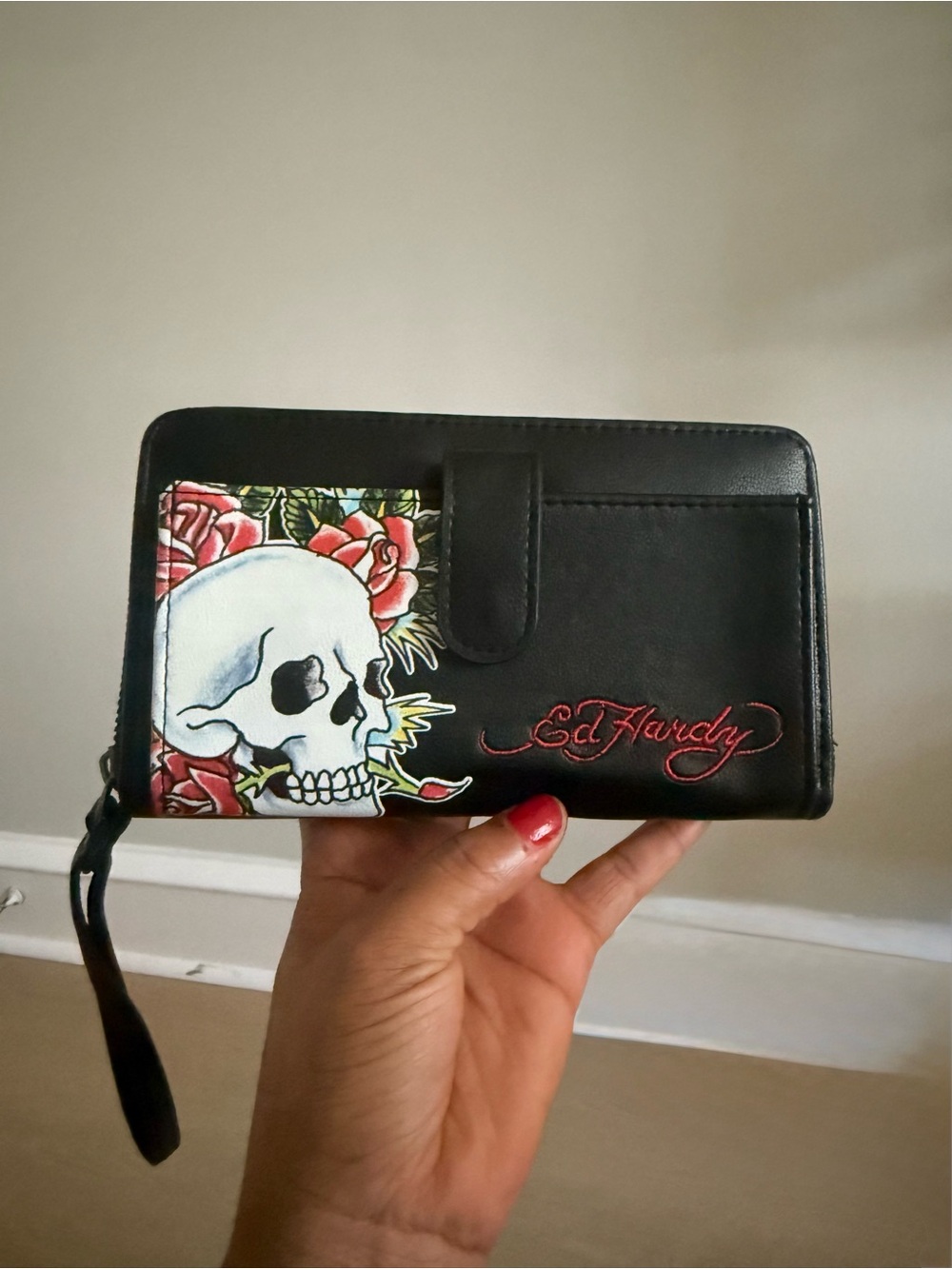 Ed Hardy Black Wallet with White Skull and Red Roses